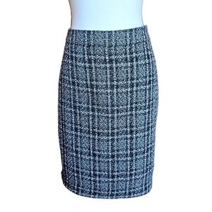 DKNY Size 6 Tweed Pencil Skirt Black White Plaid 16x22 Boucle Lined Side Zip B68